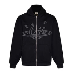 Broken Planet Outline Cracked Planet Black Zip Hoodie