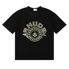 Rhude Ornate Crest Circular Emblem Vintage Black Oversized T‑Shirt