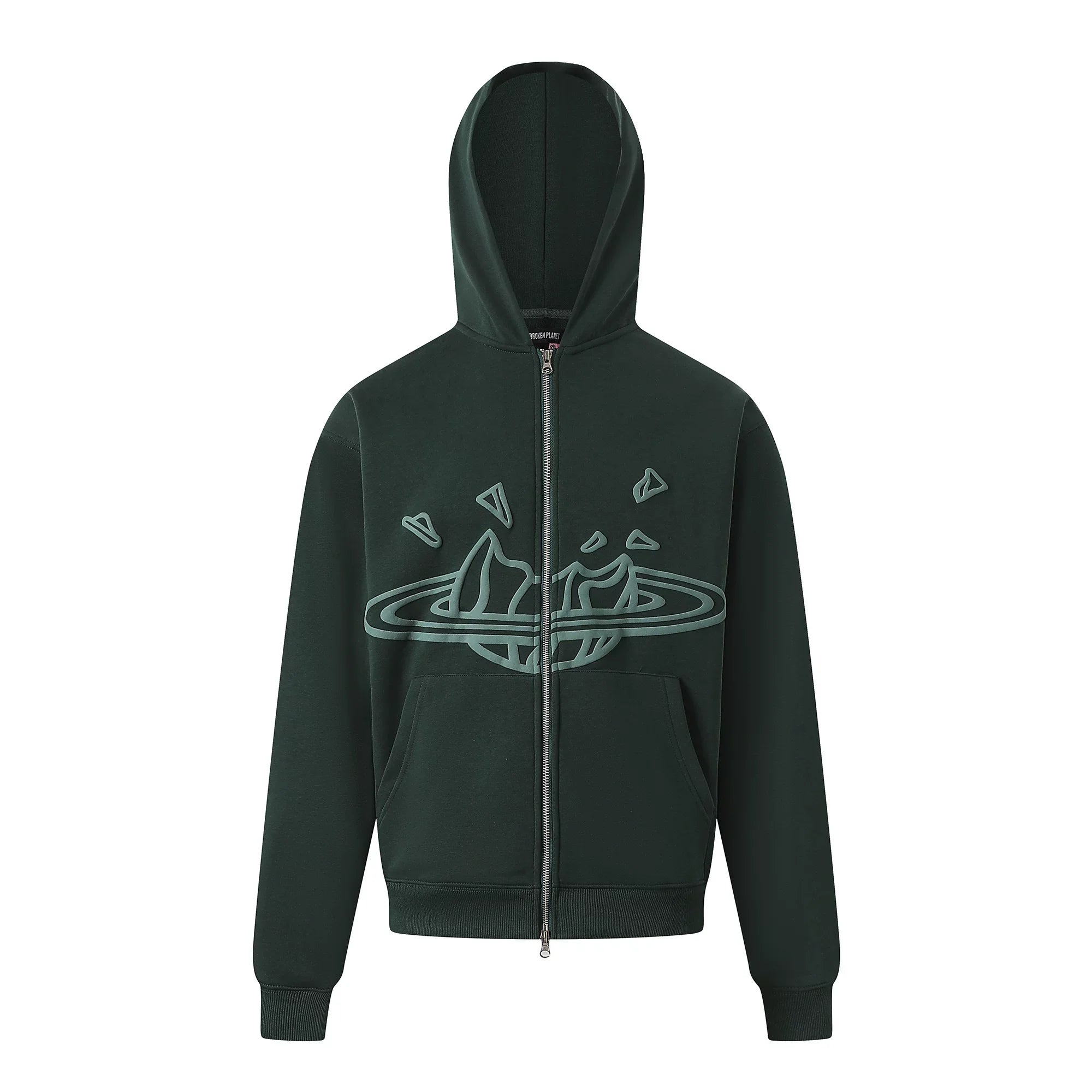 Broken Planet Outline Cracked Planet Forest Green Zip Hoodie