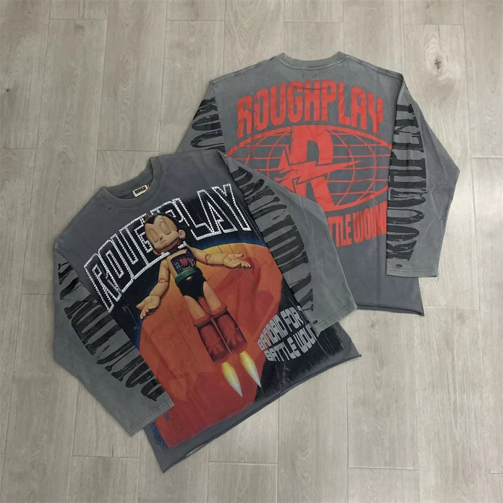 Roughplay Mecha Anime Graphic Heavyweight Long-Sleeve Tee - Dark Grey
